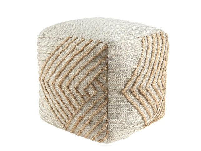 18" Natural and Off White Cotton Jute And Wool Geometric Cube Pouf Ottoman