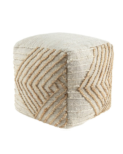 18" Natural and Off White Cotton Jute And Wool Geometric Cube Pouf Ottoman