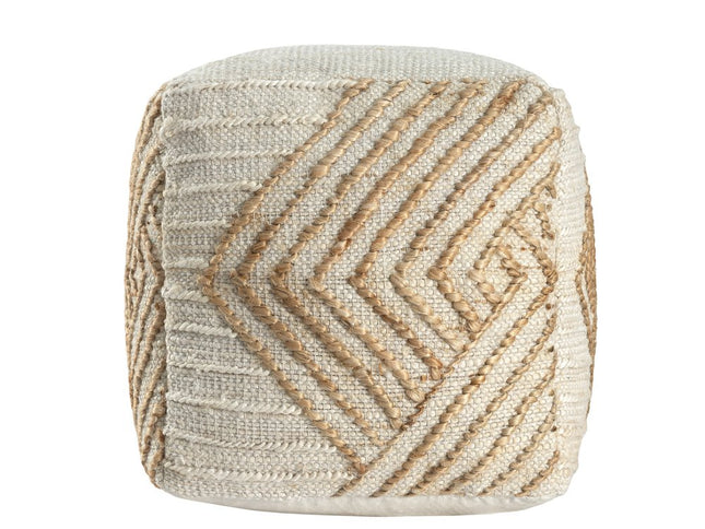 18" Natural and Off White Cotton Jute And Wool Geometric Cube Pouf Ottoman