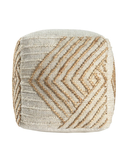 18" Natural and Off White Cotton Jute And Wool Geometric Cube Pouf Ottoman