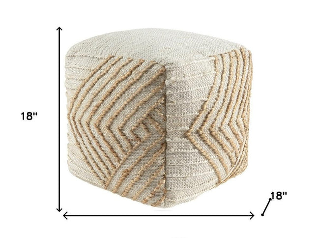 18" Natural and Off White Cotton Jute And Wool Geometric Cube Pouf Ottoman