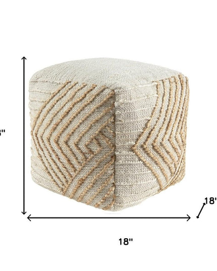 18" Natural and Off White Cotton Jute And Wool Geometric Cube Pouf Ottoman