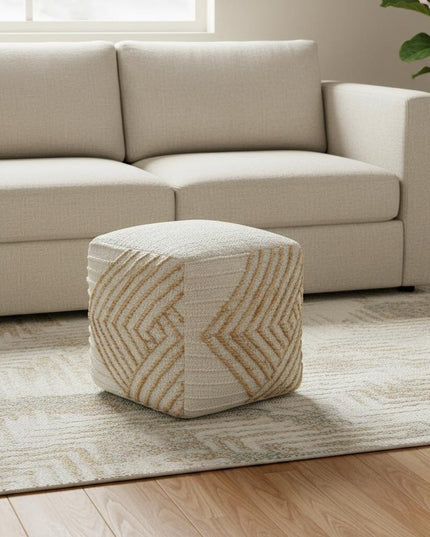 18" Natural and Off White Cotton Jute And Wool Geometric Cube Pouf Ottoman