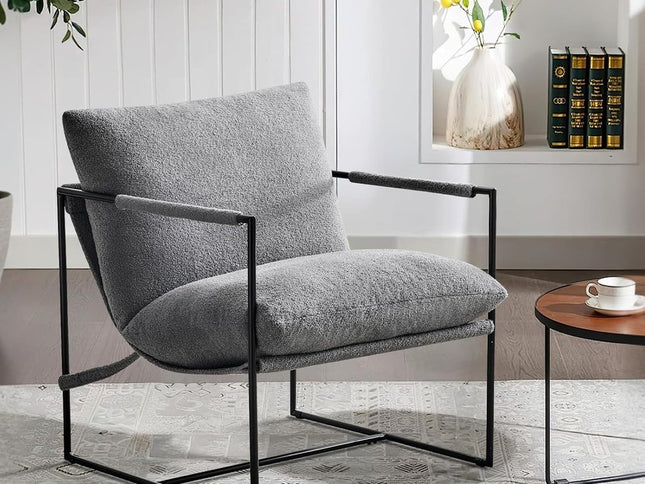 35" Gray and Black Boucle And Metal Sling Arm Chair