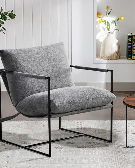 35" Gray and Black Boucle And Metal Sling Arm Chair