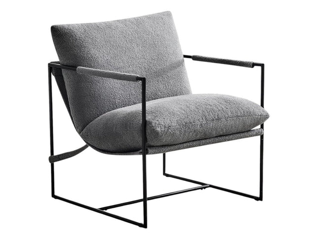 35" Gray and Black Boucle And Metal Sling Arm Chair