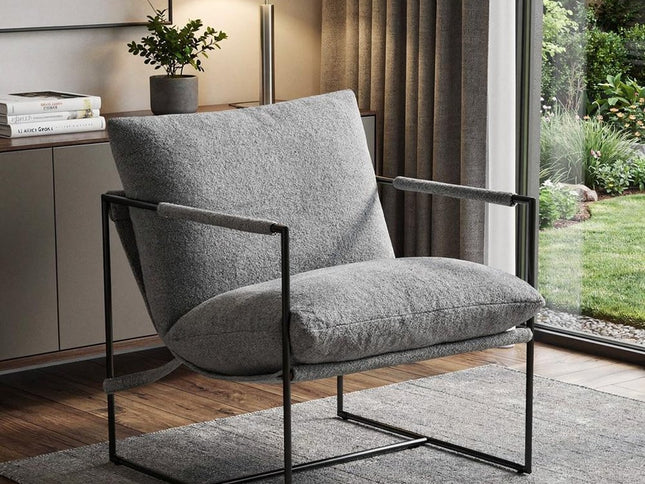 35" Gray and Black Boucle And Metal Sling Arm Chair