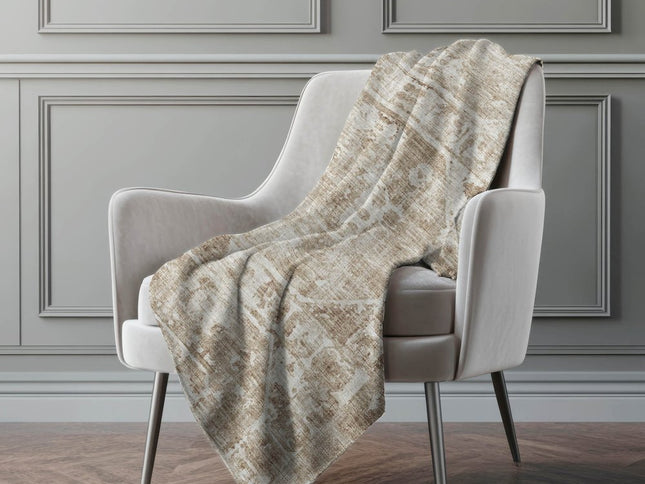 50" X 70" Beige And Ivory Damask Polyester Woven Plush Throw Blanket