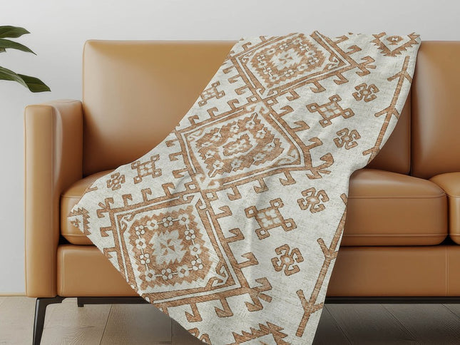 50" X 70" Beige And Chocolate Southwestern Polyester Woven Plush Throw Blanket