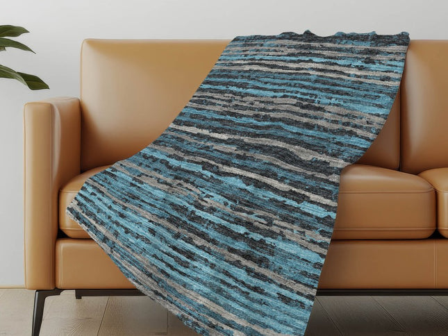 50" X 70" Blue And Charcoal Striped Polyester Woven Plush Throw Blanket