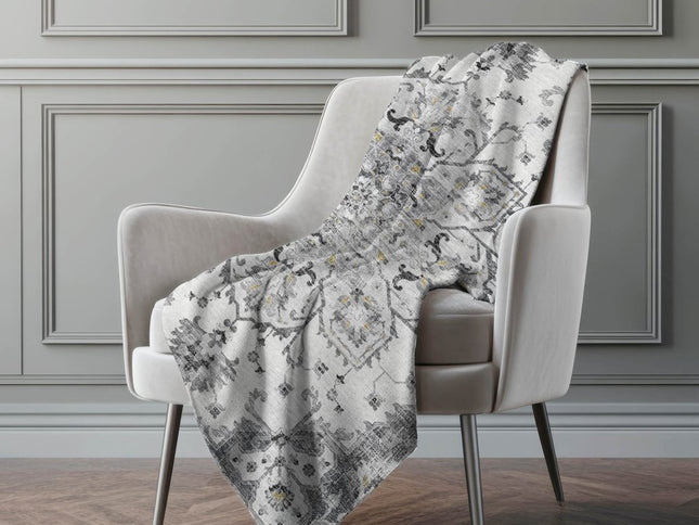 50" X 70" Charcoal Gray And Ivory Floral Polyester Woven Plush Throw Blanket