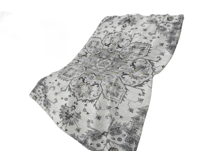 50" X 70" Charcoal Gray And Ivory Floral Polyester Woven Plush Throw Blanket