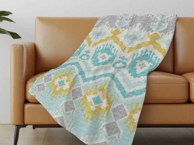50" X 70" Aqua Gold And Ivory Ikat Polyester Woven Plush Throw Blanket