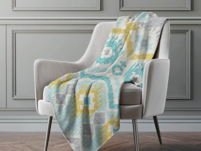 50" X 70" Aqua Gold And Ivory Ikat Polyester Woven Plush Throw Blanket