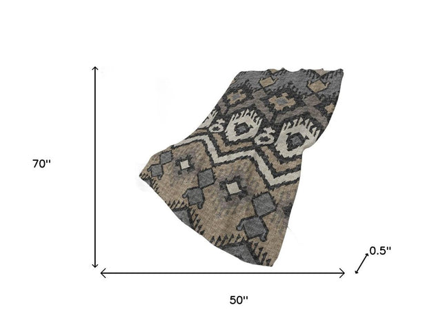 50" X 70" Sand Ivory And Gray Ikat Polyester Woven Plush Throw Blanket