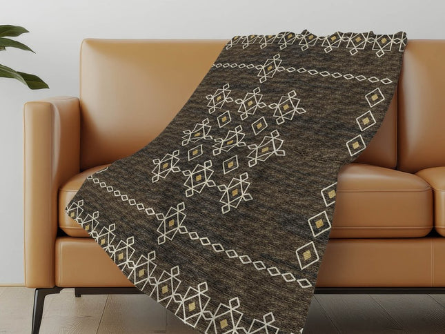50" X 70" Brown Ivory And Gold Geometric Polyester Woven Plush Throw Blanket