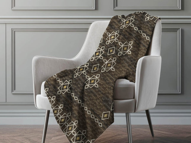 50" X 70" Brown Ivory And Gold Geometric Polyester Woven Plush Throw Blanket