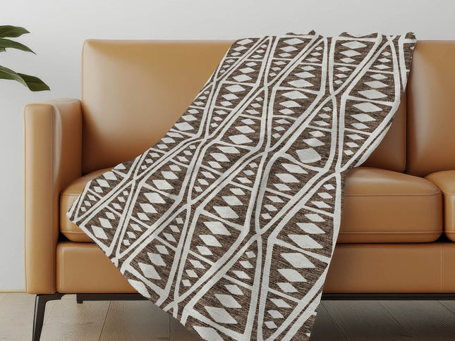 50" X 70" Brown And Ivory Geometric Polyester Woven Plush Throw Blanket