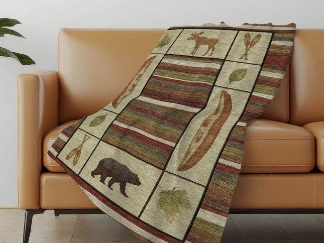 50" X 70" Beige Rust And Green Animal Print Polyester Woven Plush Throw Blanket