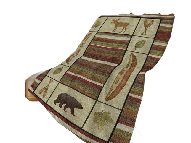 50" X 70" Beige Rust And Green Animal Print Polyester Woven Plush Throw Blanket