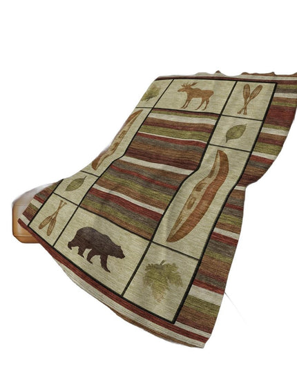 50" X 70" Beige Rust And Green Animal Print Polyester Woven Plush Throw Blanket