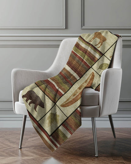 50" X 70" Beige Rust And Green Animal Print Polyester Woven Plush Throw Blanket