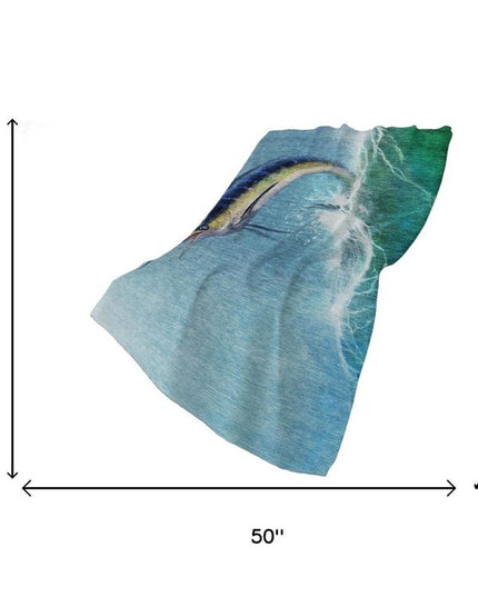 50" X 70" Blue Emerald And Ivory Animal Print Polyester Woven Plush Throw Blanket