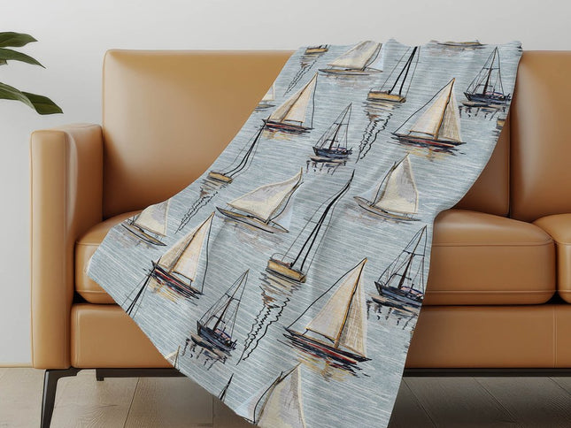 50" X 70" Sky Blue Ivory And Beige Geometric Polyester Woven Plush Throw Blanket