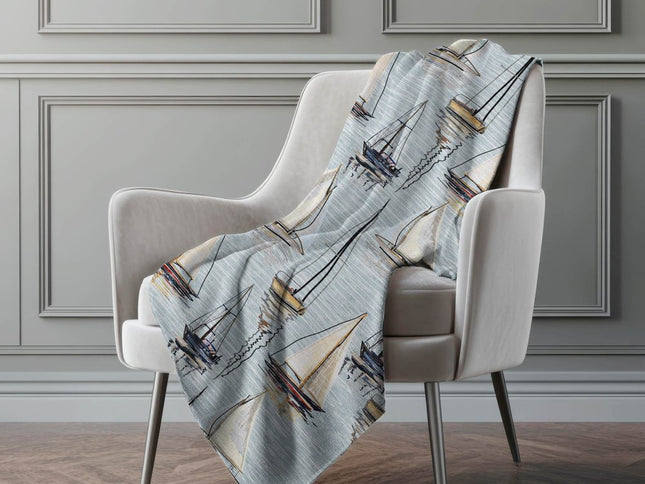 50" X 70" Sky Blue Ivory And Beige Geometric Polyester Woven Plush Throw Blanket