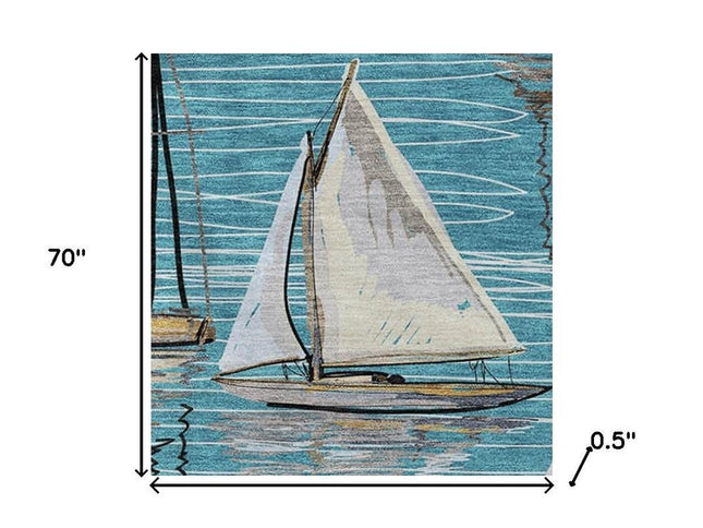 50" X 70" Teal Ivory And Beige Geometric Polyester Woven Plush Throw Blanket