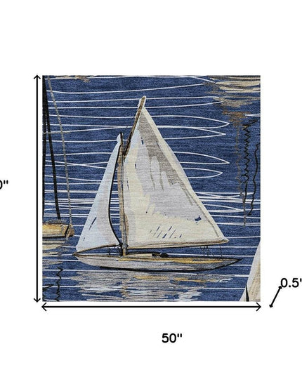 50" X 70" Navy Blue Ivory And Beige Geometric Polyester Woven Plush Throw Blanket