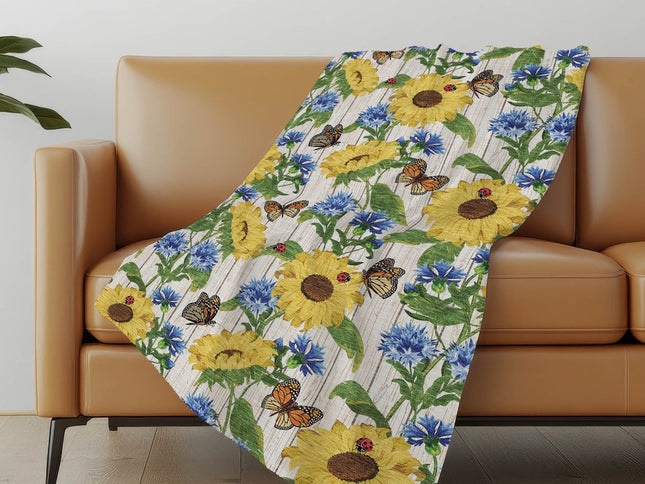 50" X 70" Yellow Blue And Ivory Floral Polyester Woven Plush Throw Blanket