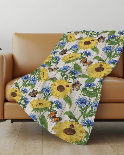 50" X 70" Yellow Blue And Ivory Floral Polyester Woven Plush Throw Blanket