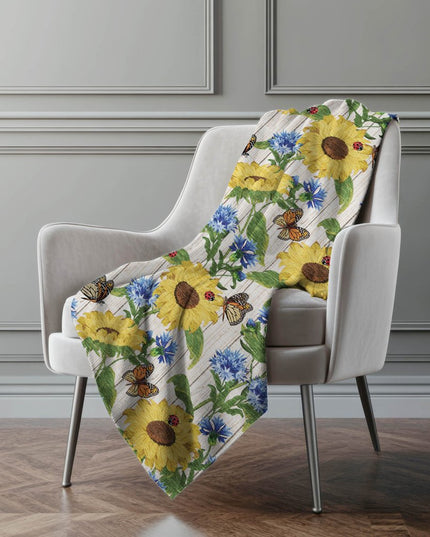 50" X 70" Yellow Blue And Ivory Floral Polyester Woven Plush Throw Blanket