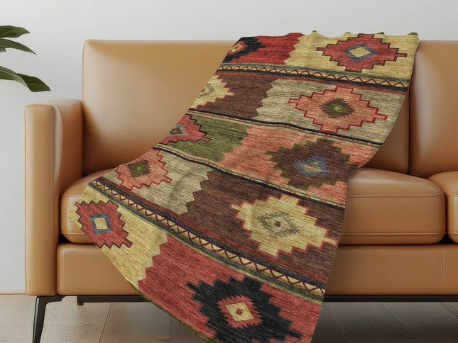 50" X 70" Rust Green And Beige Geometric Polyester Woven Plush Throw Blanket
