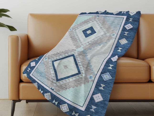 50" X 70" Blue And Ivory Geometric Polyester Woven Plush Throw Blanket