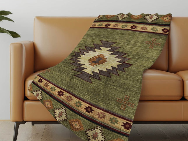 50" X 70" Green Rust And Gold Geometric Polyester Woven Plush Throw Blanket