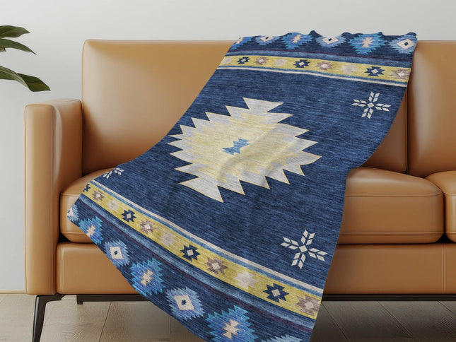 50" X 70" Blue Yellow And Silver Geometric Polyester Woven Plush Throw Blanket