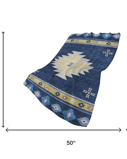 50" X 70" Blue Yellow And Silver Geometric Polyester Woven Plush Throw Blanket