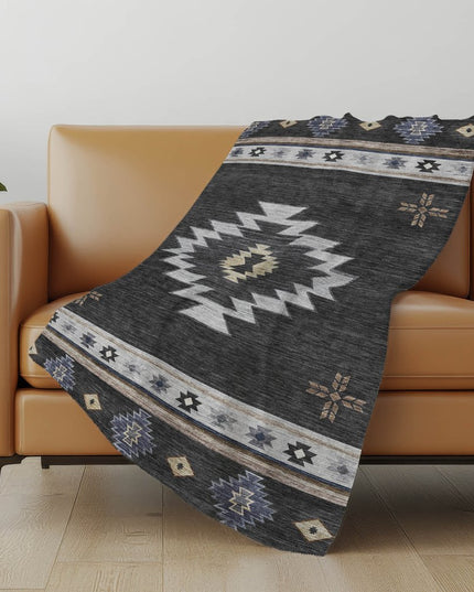 50" X 70" Midnight Gray And Beige Geometric Polyester Woven Plush Throw Blanket