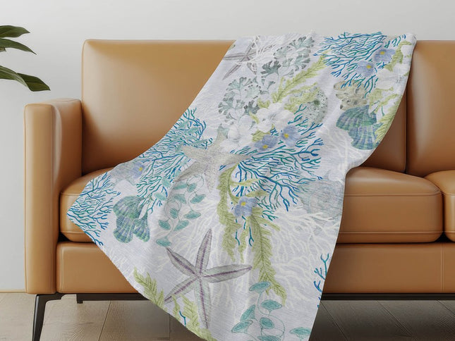 50" X 70" Aqua Ivory And Gray Floral Polyester Woven Plush Throw Blanket
