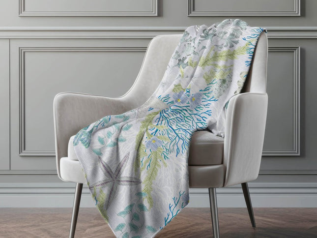 50" X 70" Aqua Ivory And Gray Floral Polyester Woven Plush Throw Blanket