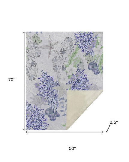 50" X 70" Blue Green And Gray Floral Polyester Woven Plush Throw Blanket