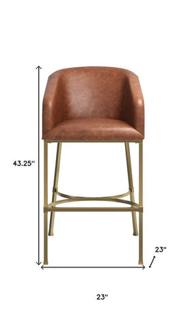 31" Brown and Gold Wood Fabric and Steel Low Back Bar Height Bar Chair