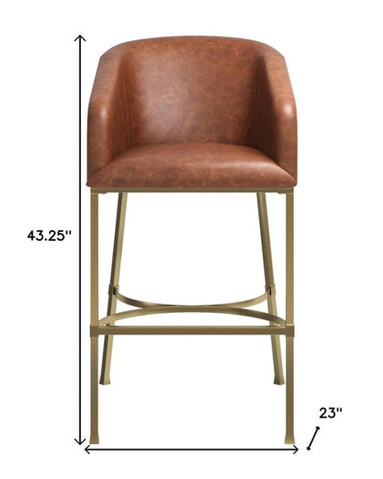 31" Brown and Gold Wood Fabric and Steel Low Back Bar Height Bar Chair