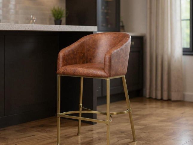 31" Brown and Gold Wood Fabric and Steel Low Back Bar Height Bar Chair