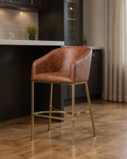 31" Brown and Gold Wood Fabric and Steel Low Back Bar Height Bar Chair