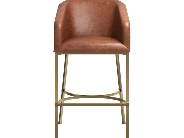 31" Brown and Gold Wood Fabric and Steel Low Back Bar Height Bar Chair