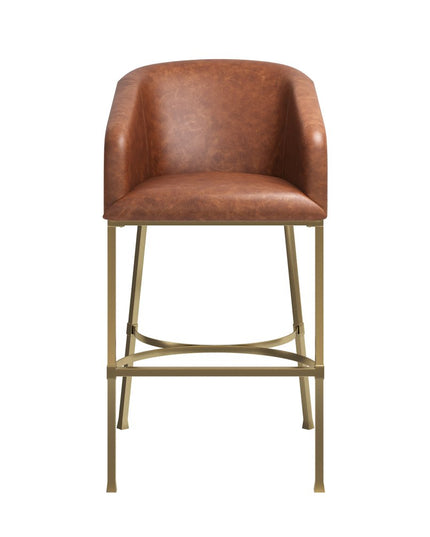 31" Brown and Gold Wood Fabric and Steel Low Back Bar Height Bar Chair