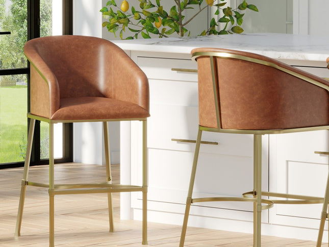 31" Brown and Gold Wood Fabric and Steel Low Back Bar Height Bar Chair